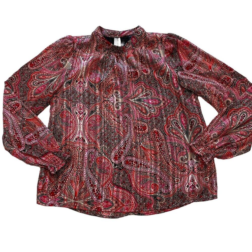 Ann Taylor Long Sleeve Red Paisley Accordion Pleated Blouse, Career, XSP